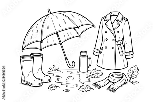 Umbrella, raincoat, rain boots, and a thermos bottle are grouped together with fall leaves and a puddle in a coloring page style outline.