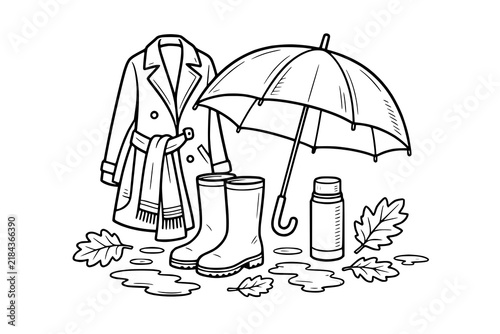 Raincoat with a scarf draped over it is placed next to rubber boots, an umbrella, a thermos, and autumn leaves in a vector outline drawing.
