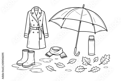Trench coat, open umbrella, rubber boots, scarf, and thermos are arranged with autumn leaves in a black and white line art illustration.
