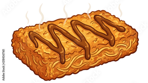 Crispy bamischijf cartoon bami noodle slice with steam, popular Dutch-Indonesian street snack perfect for casual food designs