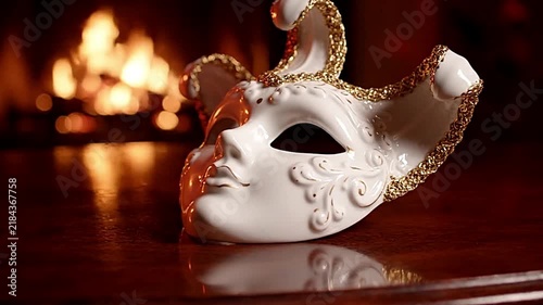 White masquerade mask with ornate gold details resting on table captured in elegant motion video footage