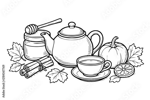 Teacup and teapot are surrounded by a honey jar, pumpkin, cinnamon bundle, and fall leaves in a clean black and white line art vector.