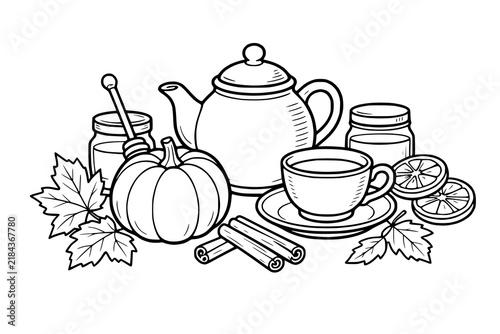 Pumpkin and teapot are featured alongside a teacup, honey jars, cinnamon, and autumn leaves in a detailed black and white coloring illustration.