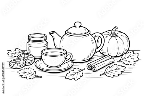 Teapot and teacup are arranged on a surface with a pumpkin, honey jar, cinnamon, and autumn leaves in a black and white coloring page style.