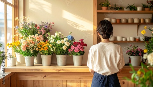 Obraz w ramie 花屋で季節の花を整えるフローリストの後ろ姿