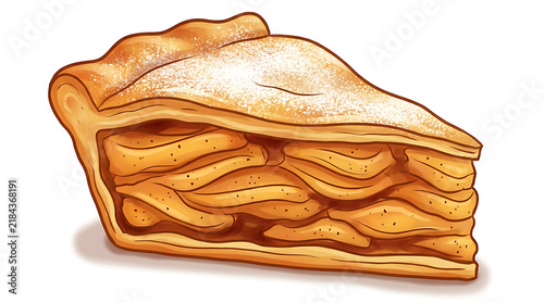 Slice of golden appeltaart cartoon with flaky crust and cinnamon apples, authentic Dutch dessert pie illustration for food designs