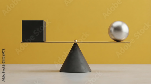 A balanced scale featuring a black cube on one side and a silver sphere on the other, resting on a black cone base against a yellow background, symbolizing equilibrium, equality, and comparison