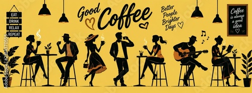 Coffee shop interior silhouette scene with people drinking coffee and playing acoustic guitar