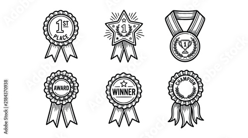 Set of hand drawn award ribbons and medals