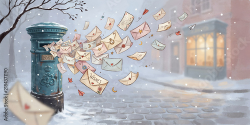 Letters flying from a vintage mailbox during a gentle snowfall concept of wishes and communication