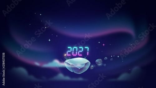 Neon 2027 numeral glowing above floating island with aurora borealis and stars