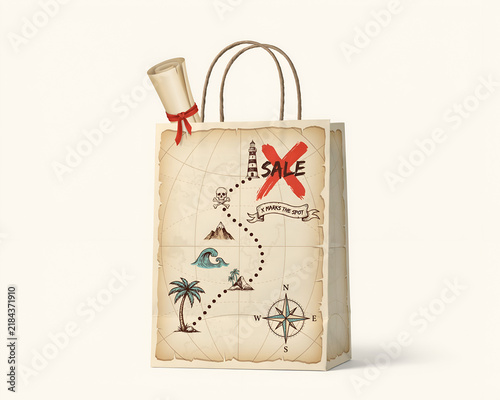 Shopping bag with pirate map design and scroll during bright studio lighting promoting a sale concept