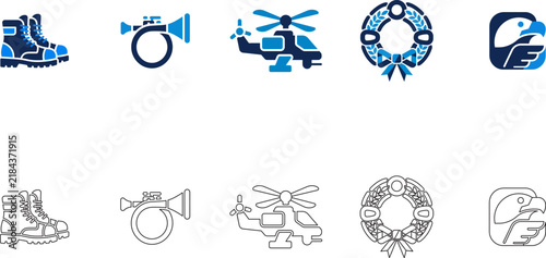 Photography Set of various blue and black line art icons featuring boots helicopter wreath a