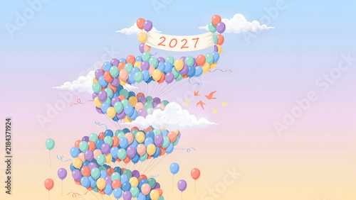 Spiral balloon path with 2027 banner ascends through soft sky with clouds and birds