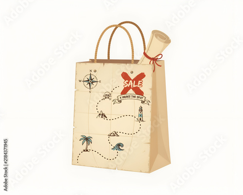 Shopping bag with pirate treasure map graphic and sale announcement during promotional event