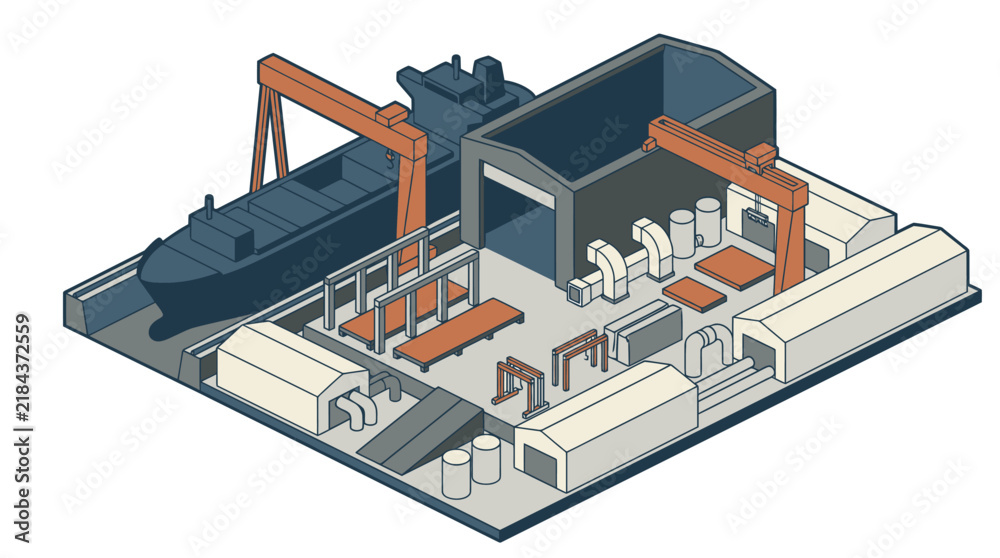 Obraz premium Industrial Isometric of a Factory Floor with Orange Cranes Machinery and Workstations with high quality professional line art symbols for modern creative design and digital branding projects