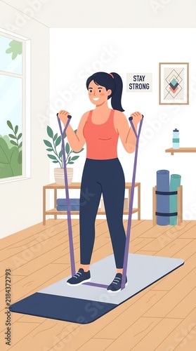 Young Woman Exercising with Resistance Bands at Home.