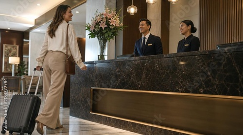 Smiling female guest with luggage approaching a marble hotel front desk where a professional receptionist team in uniform greets her with a warm welcome in a luxury lobby interior.