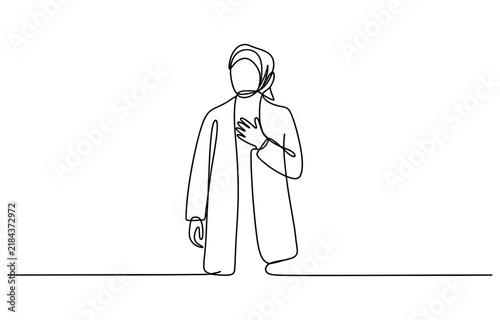 Bild auf Leinwand Continuous one line drawing of a young woman wearing a hijab standing with her h