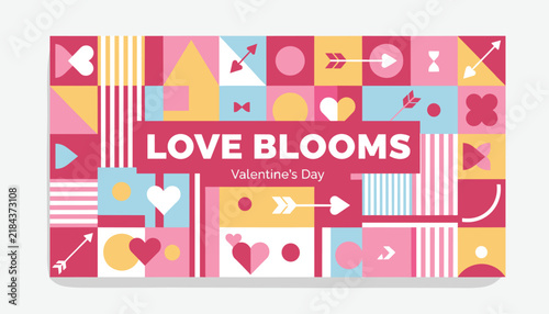 Colorful geometric pattern banner for Valentine's Day with hearts and arrows featuring the text love blooms on pink background.