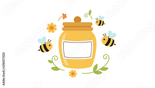 Honey jar with a white blank label surrounded by cute buzzing cartoon bees and flowers on white background.
