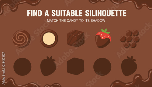 Sweet chocolate matching silhouette educational game for kids with different candies and their shadows on brown.