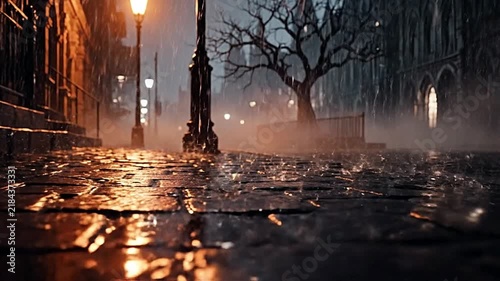 Rain falling on old cobblestone street with glowing streetlights at night in cinematic motion footage