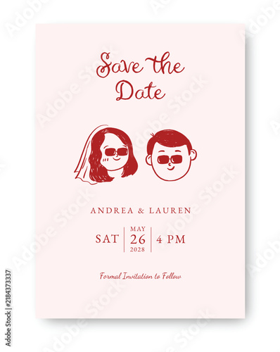 Quirky save the date with couple drawing invitation template for wedding