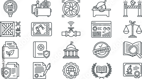 Industrial manufacturing and logistics outline icon collection