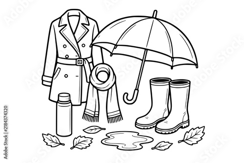 Trench coat, scarf, umbrella, and rain boots are illustrated in a simple black and white line art style.