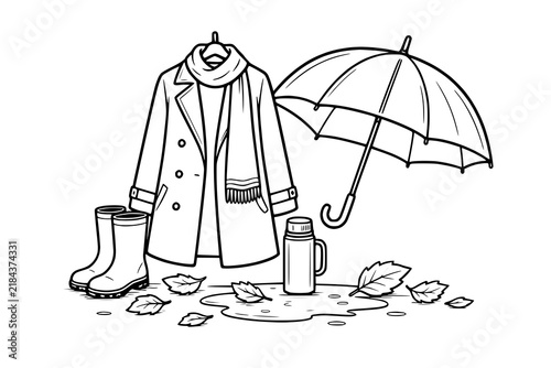 Rain boots, a hanging trench coat with a scarf, and an umbrella are drawn as a coloring page.