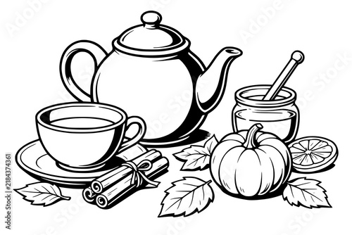 Cup of tea and a teapot placed next to cinnamon, a pumpkin, and a honey jar in a black and white vector outline.