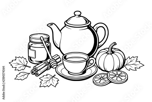 Teapot and cozy autumn elements are illustrated in a classic black and white line art style.