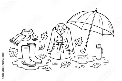 Trench coat, umbrella, rain boots, and scarf are arranged as a line art coloring page for autumn.