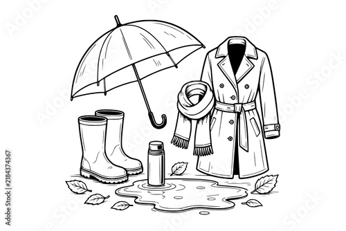 Umbrella, trench coat, scarf, and rain boots are featured in a black and white coloring book style illustration.
