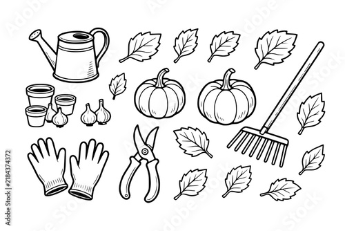 Garden tools and autumn leaves are scattered across a clean white background in outline style.