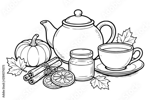 Teapot and teacup surrounded by a pumpkin, honey jar, cinnamon sticks, and autumn leaves in a black and white line art illustration.