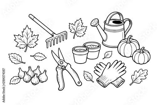 Autumn garden equipment collection features a rake, watering can, and pumpkins in vector line art.