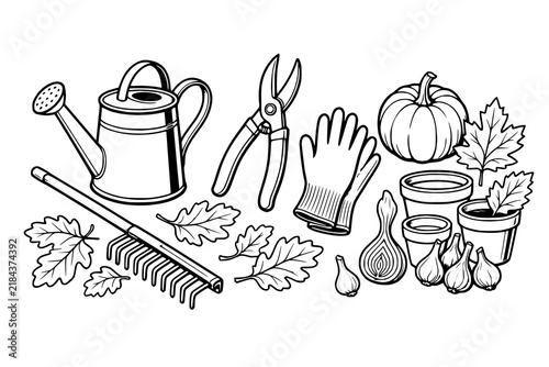 Gardening tools and autumn elements are arranged in a neat line art illustration.
