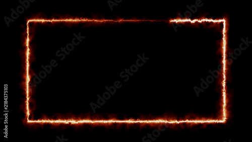 Canvas Print Burning fire rectangle outline frame with glowing orange embers and smoke texture on black background