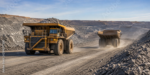 Mining Haul Trucks Passing on Open Pit Road