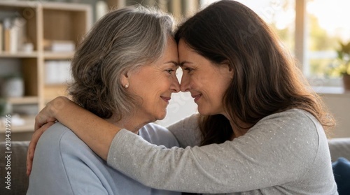 Tender candid close-up of adult daughter hugging mature mother, foreheads touching, smiling warmly in cozy sunlit living room, multigenerational family love and emotional connection portrait