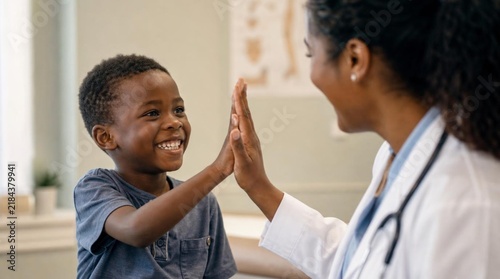 Joyful African boy smiling brightly while high-fiving caring female doctor in white coat with stethoscope, warm natural light, healthcare celebration moment