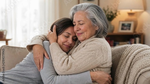 Tender embrace between elderly mother and adult daughter on neutral sofa, sharing a heartfelt, comforting hug in a warm, softly lit living room with a cozy blanket