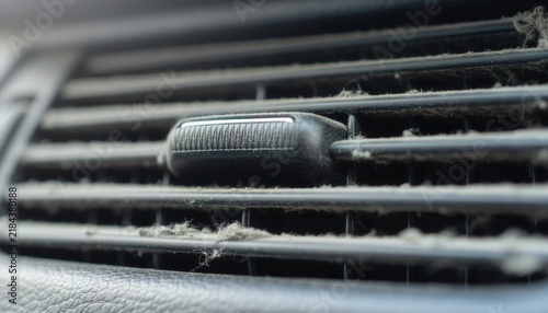 Extreme close-up of accumulated dust trapped inside car air conditioning vents, thick gray dust covering the ventilation fins and narrow gaps.