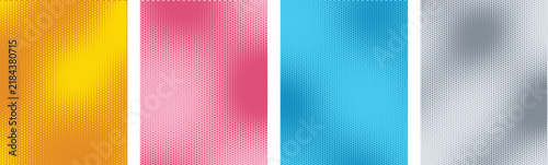 Four vertical panels with halftone dot gradients in yellow, pink, cyan, and grey color variations
