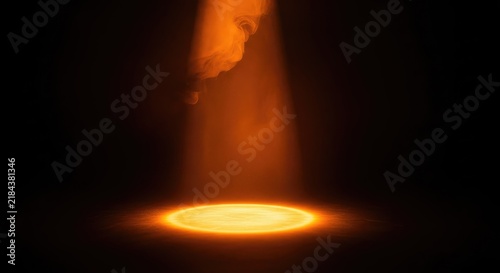 Dramatic orange spotlight beams pierce through a dark atmosphere, creating glowing god rays and a vibrant circular glow on a black stage, concert, design, background