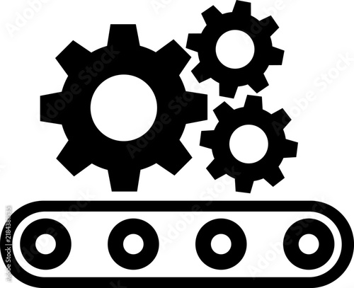 Moving machinery industrial hazard warning silhouette icon featuring rotating gear wheels and conveyor belt for factory safety signs