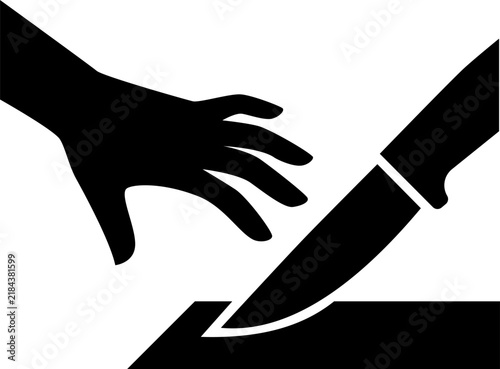 Sharp object hazard warning silhouette icon featuring human hand reaching toward pointed knife blade for workplace injury prevention safety