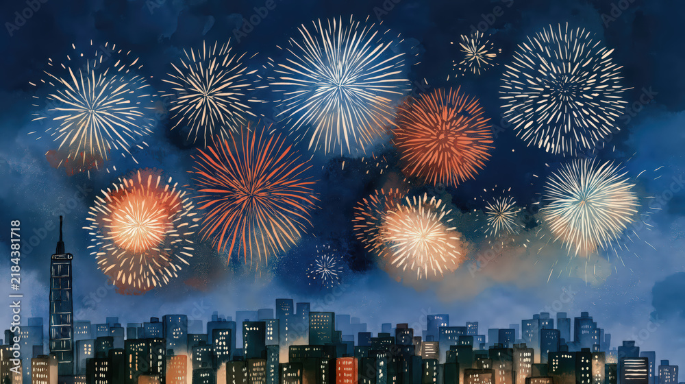 Obraz premium Watercolor New Year fireworks over city skyline at night
